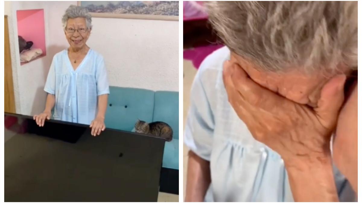 abuelita recibe pantalla de regalo y se le cae reacción se vuelve