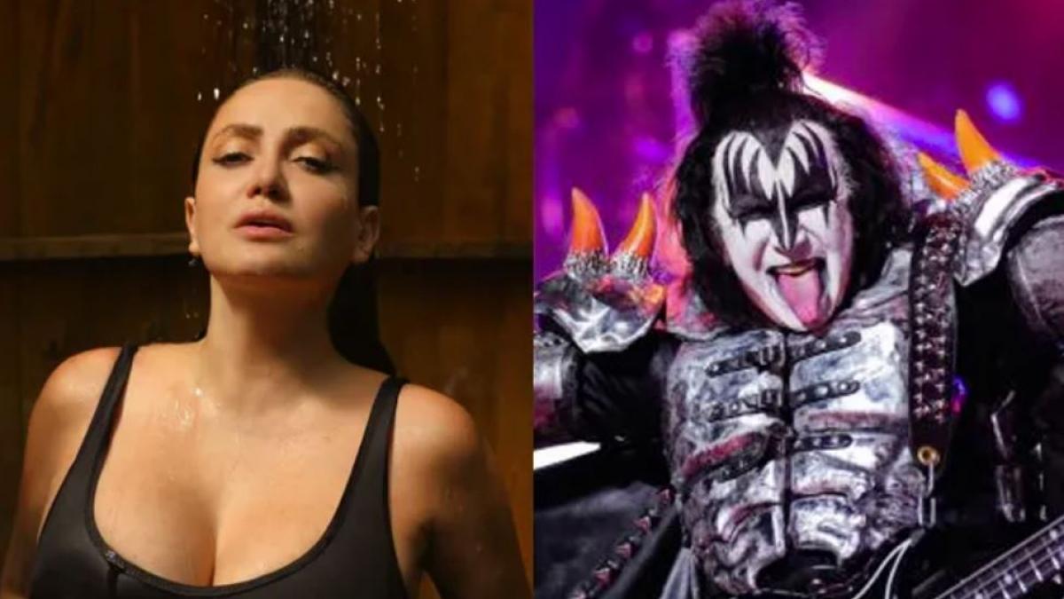 Gene Simmons de Kiss baña a Celia Lora en pleno concierto y ella termina con "camiseta mojada" (VIDEO)