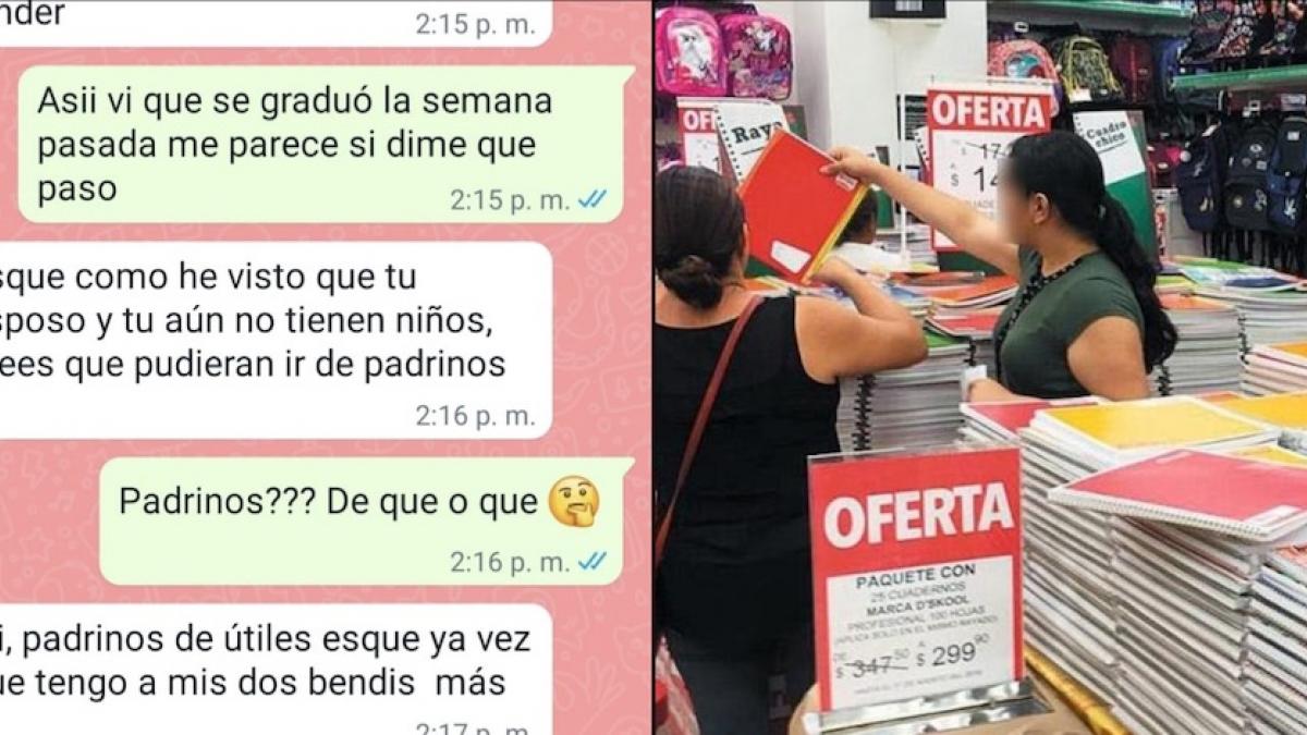 Mujer le pide a una pareja ser "padrinos de útiles escolares"; se vuelve viral en redes