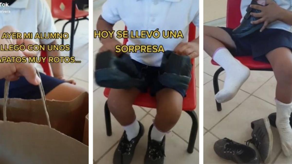 Maestra conmueve al regalar zapatos a su alumno que sólo tenía unos rotos