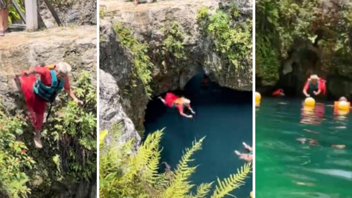 Abuelita extrema supera su miedo y se lanza a cenote; causa sensación en TikTok (VIDEO)