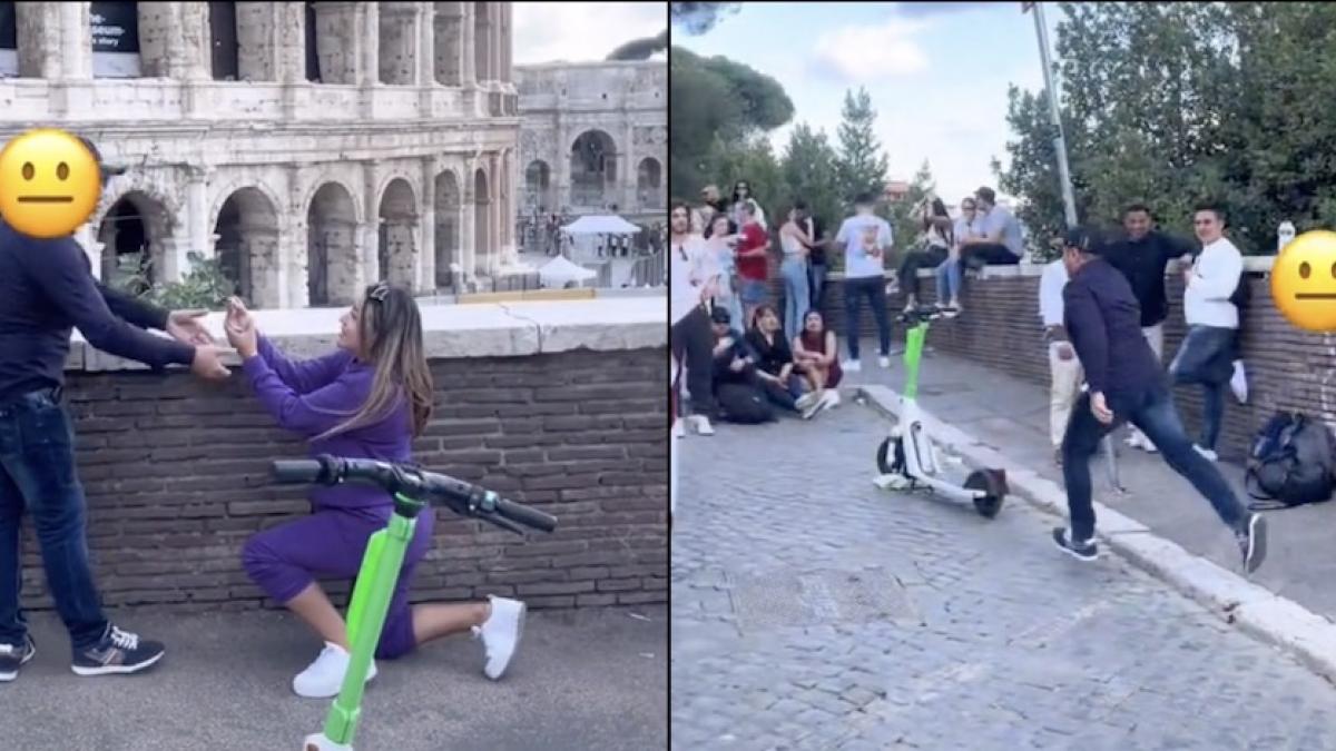 VIDEO: Mujer le propone matrimonio a su pareja frente al Coliseo Romano; sale huyendo del lugar