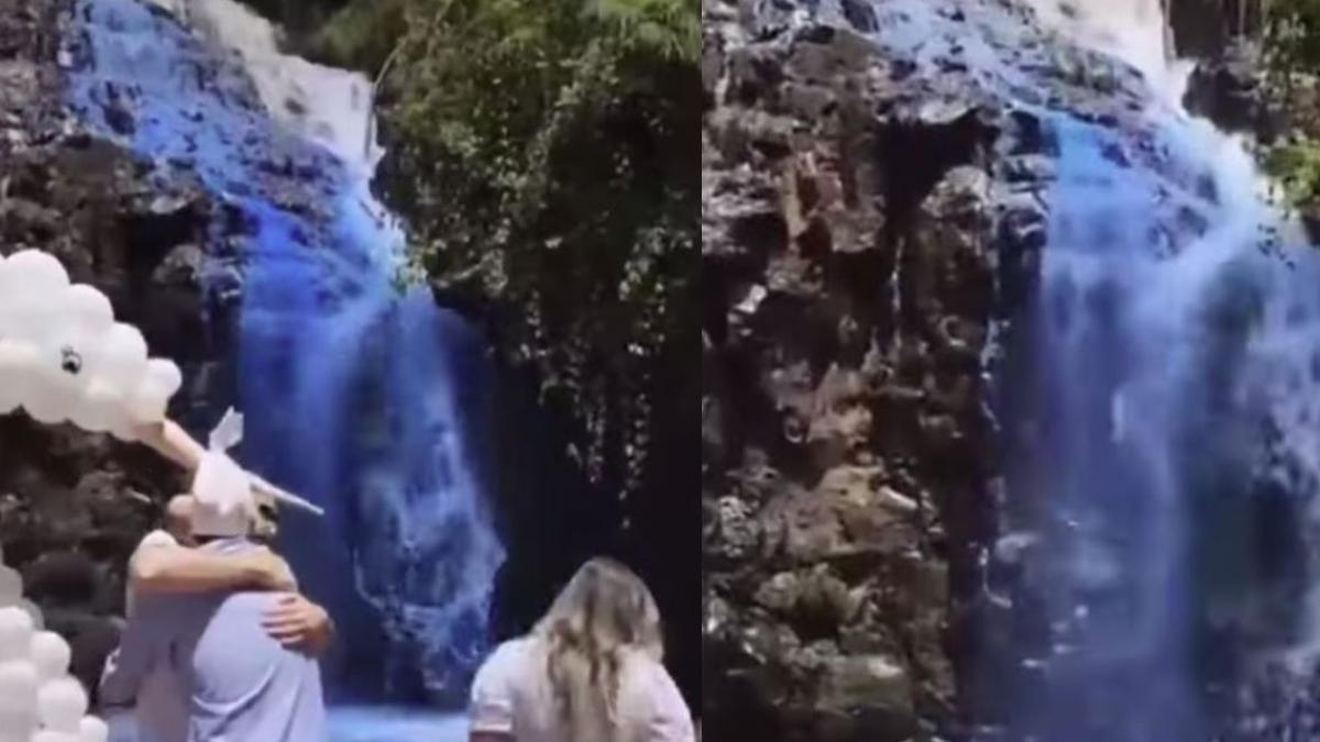 Papás pintan de azul cascada por revelación de género de su bebé y los tunden: "Que los multen" (VIDEO)