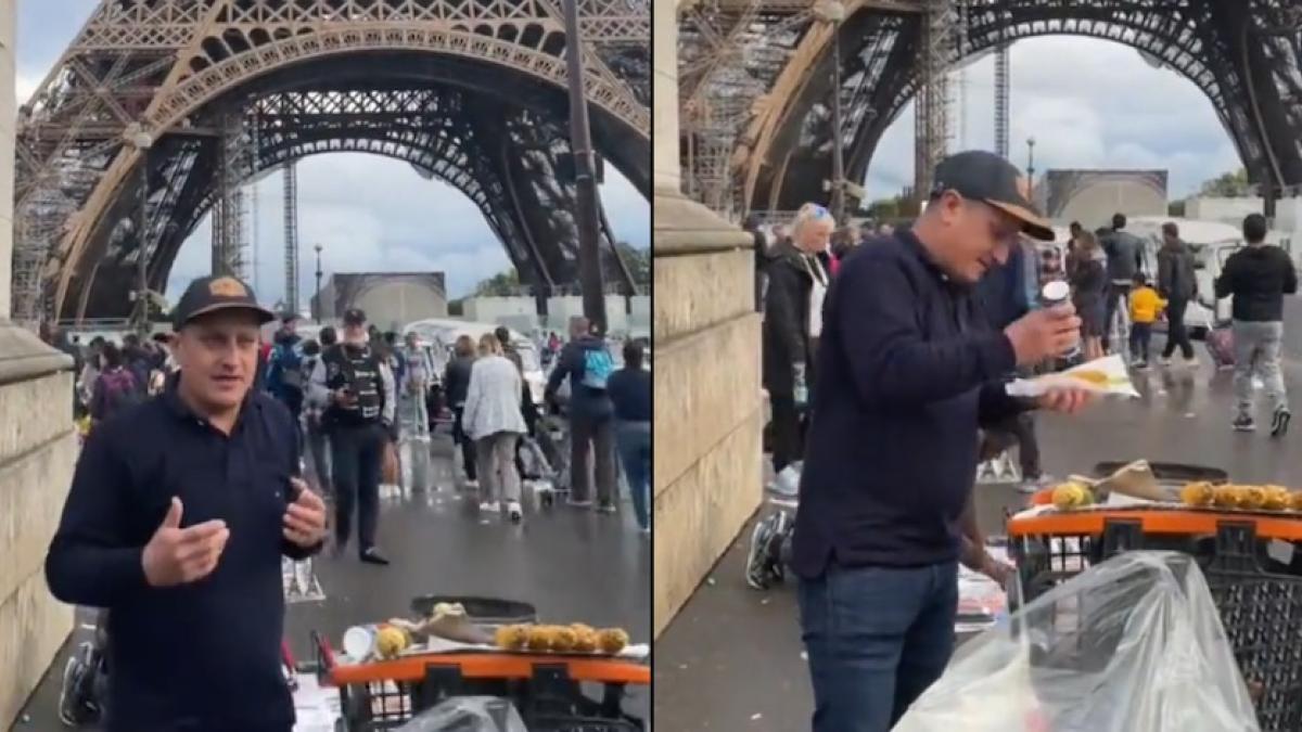 VIDEO: Hombre vende elotes frente a la Torre Eiffel, en Francia; se vuelve viral