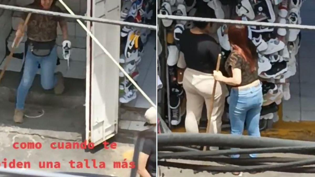 Vendedora agranda tenis con un palo de escoba para que le queden a clienta (VIDEO)