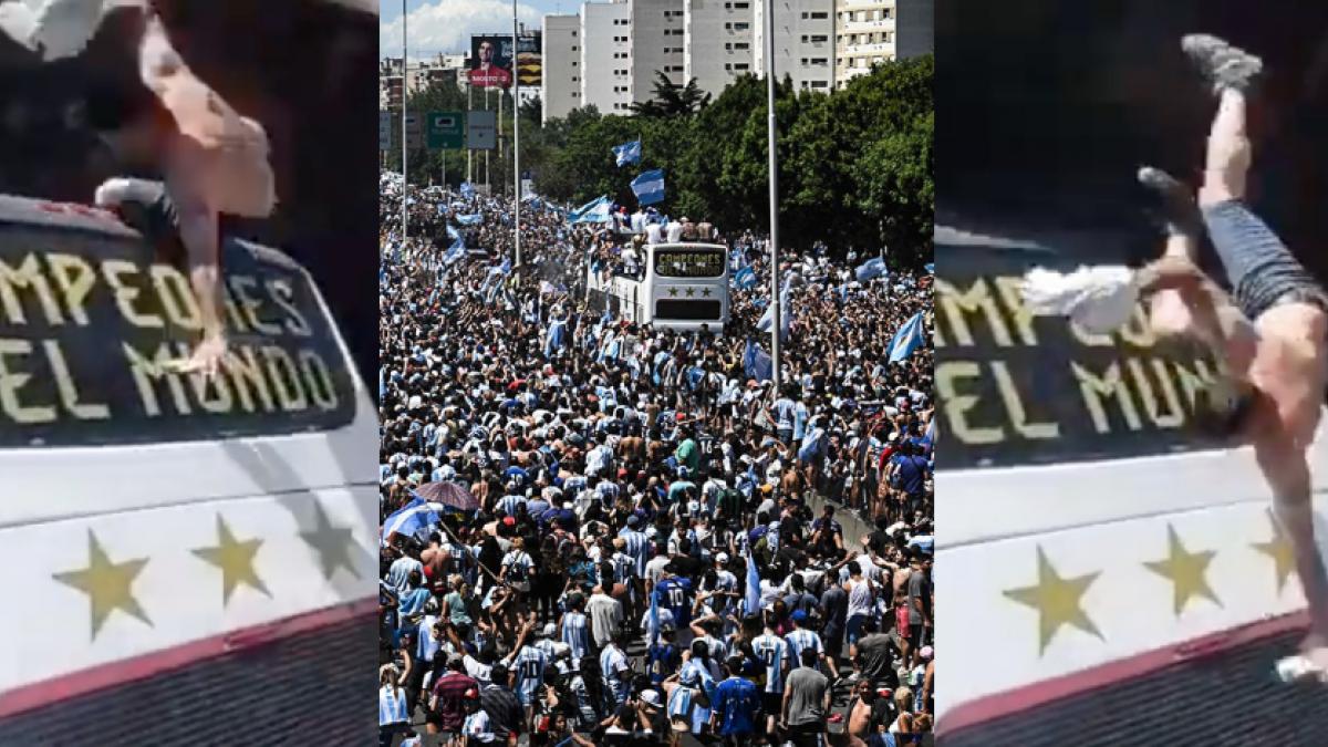 VIDEO: Celebración de Messi y Argentina a nada de terminar en tragedia; aficionados se avientan al autobús desde un puente