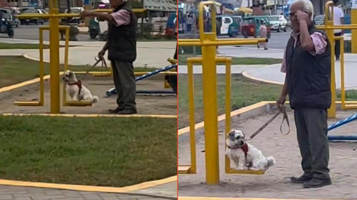 ¡Eso es amor! Tierno abuelito acompaña a su perrito a columpiarse al parque (VIDEO)