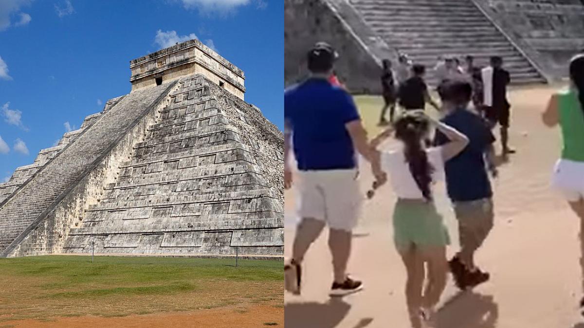 ¡Se lo sonaron! Turista escala pirámide de Chichén Itzá y lo castigan a “palazos” (VIDEO)