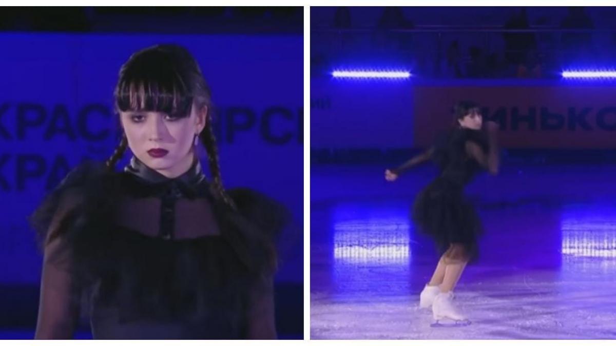 (VIDEO) Patinadora rusa realiza rutina inspirada en "Merlina" y se vuelve viral