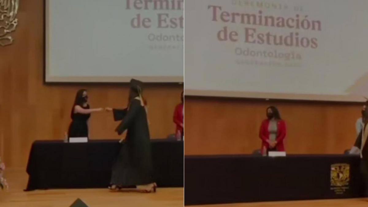 VIDEO. Joven muestra actitud de maestra en entrega de diplomas; "adivinen a quién no le caigo bien"