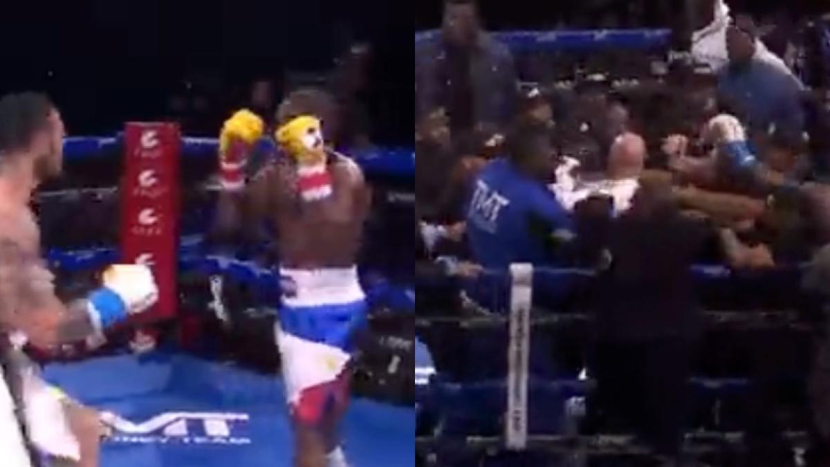 Pelea entre Floyd Mayweather y John Gotti III termina en caos y hasta los aficionados se meten al ring a golpearlo (VIDEO)