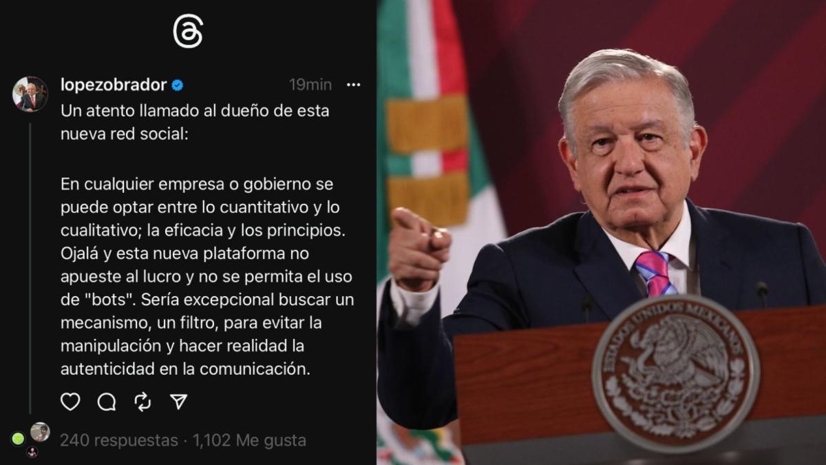 AMLO publica primer mensaje en Threads y pide a dueños no apostar al lucro ni permitir 'bots'