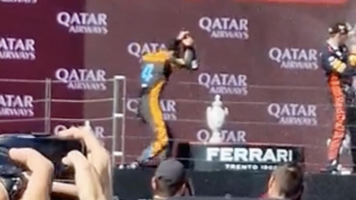 Fórmula 1: ¡Qué bruto manito! Lando Norris le rompe a Max Verstappen su trofeo con la champagne (Video)