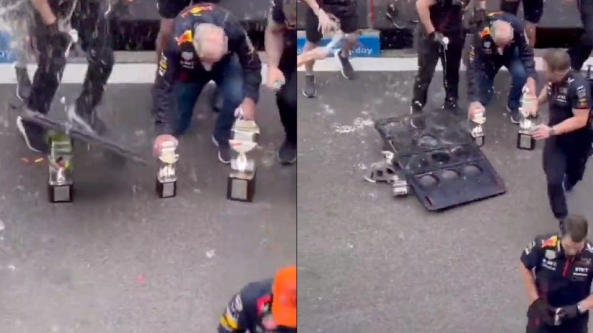 F1 | GP Bélgica: ¡Otra vez! Trofeo de Max Verstappen termina hecho añicos en pleno festejo (VIDEO)