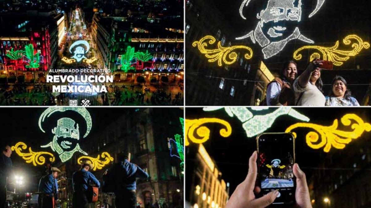 20 de noviembre: Con Pancho Villa, así luce hoy el alumbrado decorativo en el Zócalo de la CDMX