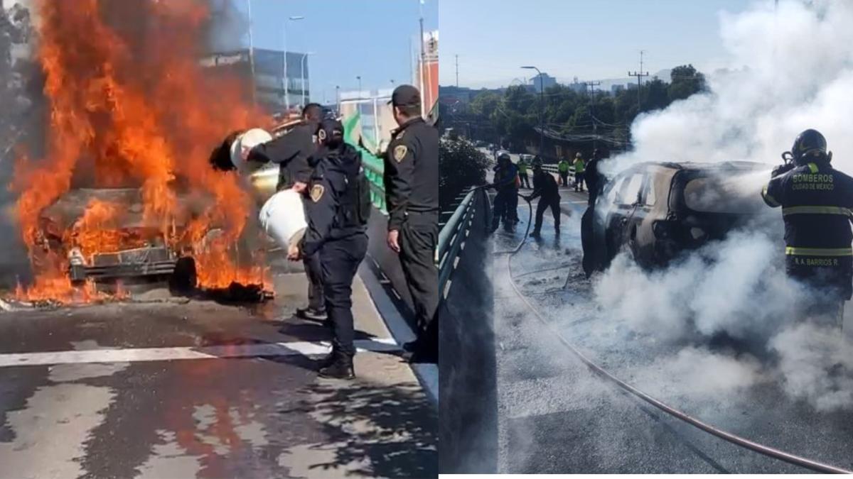 VIDEO | Caos en segundo piso de Periférico: camioneta arde ferozmente en Tlalpan