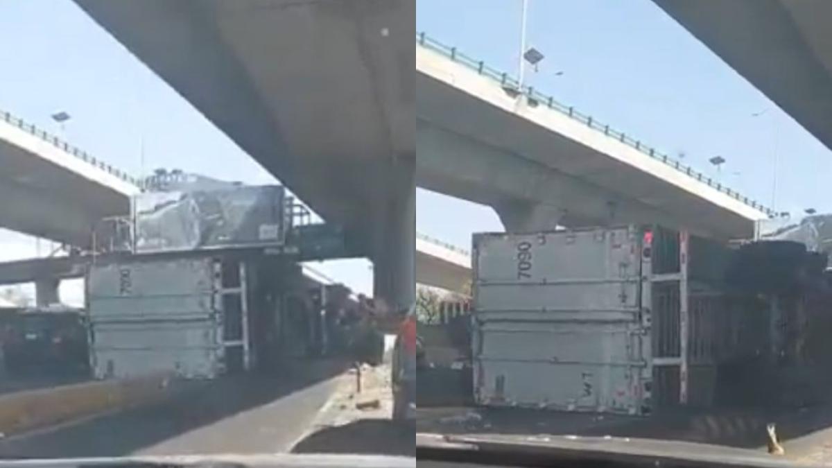 Accidente en Periférico. Tráiler vuelca en carriles centrales, a la altura de Echegaray