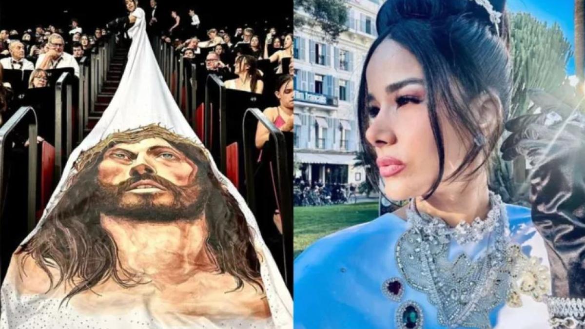 Massiel Taveras lleva vestido con el rostro de Cristo a Cannes e intentan censurarla (VIDEO)