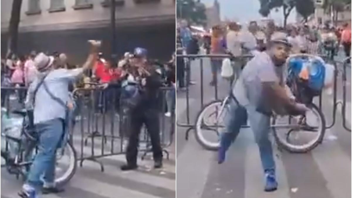 ¡Hasta para llevar! Vendedor lanza tacos de canasta a policías en el centro de CDMX | VIDEO