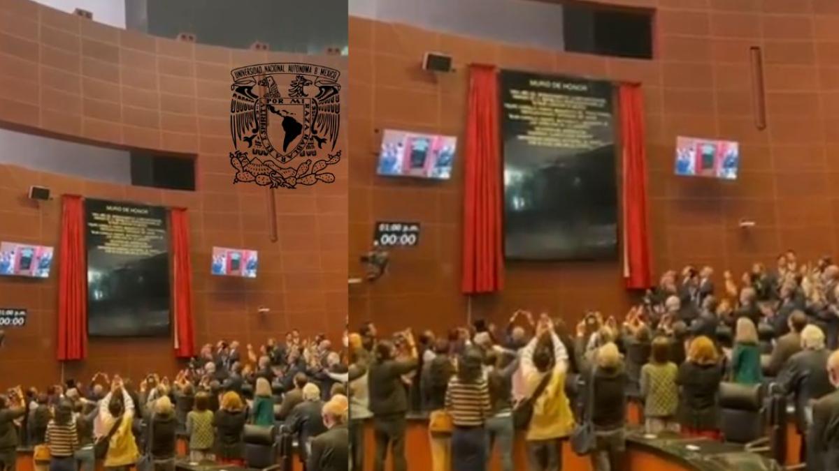 Así lucen las letras de oro con lema de la UNAM en muro de honor del Senado | FOTO